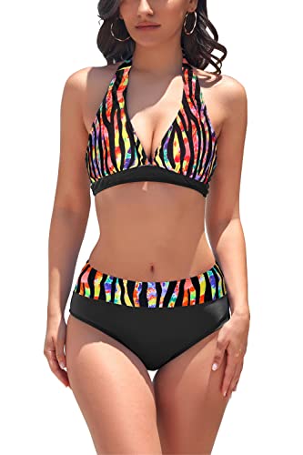 AYEEBOOY Damen Bikini-Set V-Ausschnitt Bikini Top Hängende Hals Bademode Hohe Taille Bikini Bottom Zweiteiliger Badeanzug Swimsuit（Black red，M） von AYEEBOOY