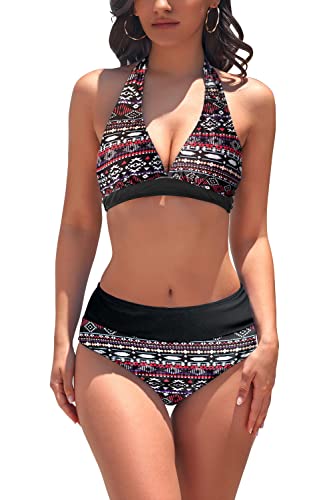 AYEEBOOY Damen Bikini-Set V-Ausschnitt Bikini Top Hängende Hals Bademode Hohe Taille Bikini Bottom Zweiteiliger Badeanzug Swimsuit（Bohemia，L） von AYEEBOOY