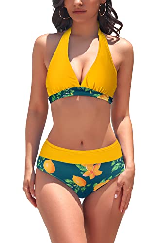 AYEEBOOY Damen Bikini-Set V-Ausschnitt Bikini Top Hängende Hals Bademode Hohe Taille Bikini Bottom Zweiteiliger Badeanzug Swimsuit（Yellow Lemon，M） von AYEEBOOY