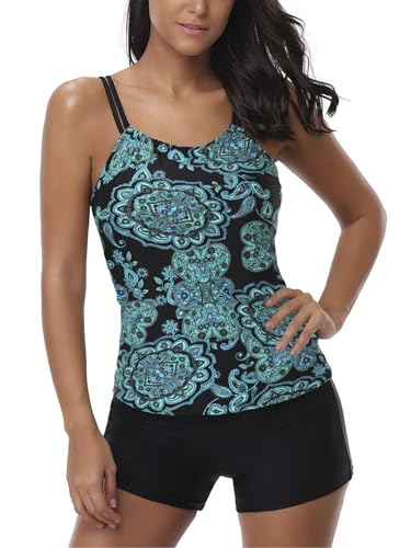 AYEEBOOY Tankini Damen Bauchweg Zweiteiler Sets Sommer Elegant Badeanzüge Oberteil mit Badeshorts Freizeit Bademode(12Greenvfp,3XL) von AYEEBOOY