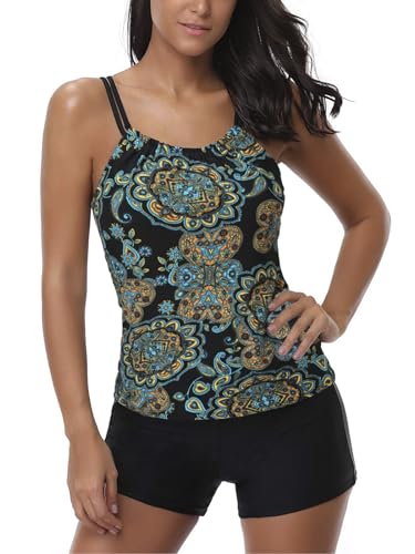 AYEEBOOY Tankini Damen Bauchweg Zweiteiler Sets Sommer Elegant Badeanzüge Oberteil mit Badeshorts Freizeit Bademode(14Yellowvfp,M) von AYEEBOOY