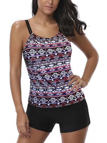 AYEEBOOY Tankini Damen Bauchweg Zweiteiler Sets Sommer Elegant Badeanzüge Oberteil mit Badeshorts Freizeit Bademode(17Redbxmp,XXL) von AYEEBOOY