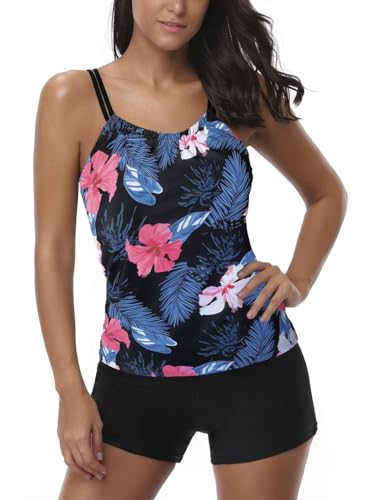 AYEEBOOY Tankini Damen Bauchweg Zweiteiler Sets Sommer Elegant Badeanzüge Oberteil mit Badeshorts Freizeit Bademode(18Blackr p,M) von AYEEBOOY