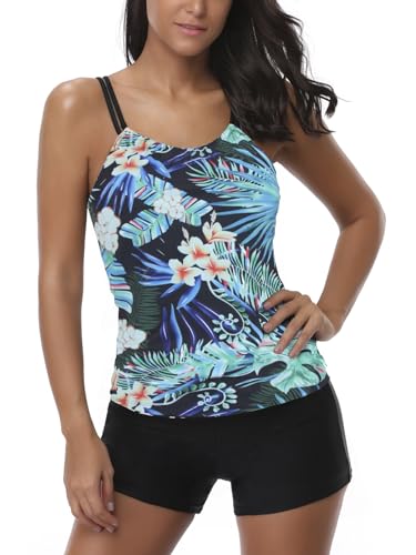AYEEBOOY Tankini Damen Bauchweg Zweiteiler Sets Sommer Elegant Badeanzüge Oberteil mit Badeshorts Freizeit Bademode(2Blueflowe,XL) von AYEEBOOY