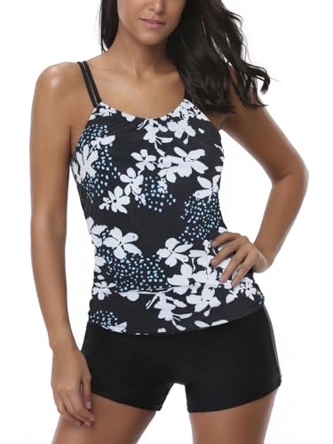 AYEEBOOY Tankini Damen Bauchweg Zweiteiler Sets Sommer Elegant Badeanzüge Oberteil mit Badeshorts Freizeit Bademode(3Bluephp,XXL) von AYEEBOOY