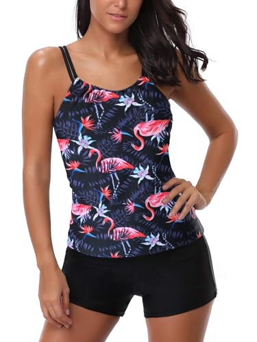 AYEEBOOY Tankini Damen Bauchweg Zweiteiler Sets Sommer Elegant Badeanzüge Oberteil mit Badeshorts Freizeit Bademode(7Flamingop,XL) von AYEEBOOY