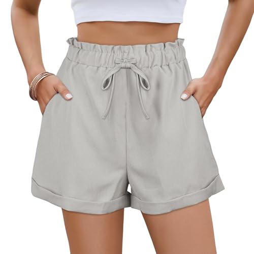 AYESY Shorts Damen Sommer, Beach Hose Cool High Waist Damen Shorts mit Taschen und Tunnelzug Mode Lässige Sportshorts Strand Meer Camping Grill Hellgrau-XXL von AYESY
