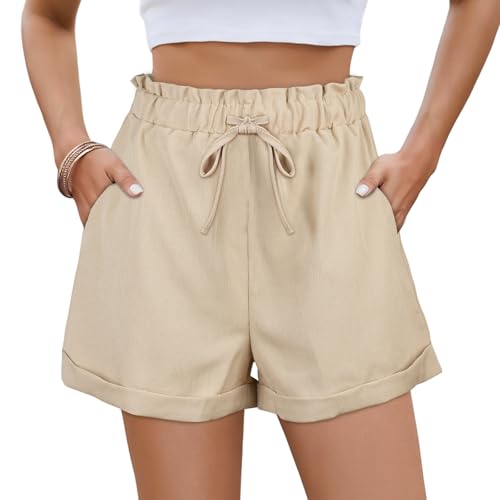 AYESY Shorts Damen Sommer,Leinen Musselin Bermuda Beach Hose Cool High Waist Damen Shorts mit Taschen und Tunnelzug Mode Lässige Sportshorts Strand Meer Camping Grill Khaki-L AYESY Shorts Damen Sommer,Leinen Musselin Bermuda Beach Hose Cool High Waist Damen Shorts mit Taschen und Tunnelzug Mode Lässige Sportshorts Strand Meer Camping Grill Khaki-L von AYESY