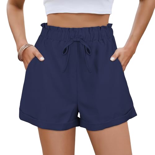 AYESY Shorts Damen Sommer，Leinen Musselin Bermuda Beach Hose Cool High Waist Damen Shorts mit Taschen und Tunnelzug Mode Lässige Sportshorts Strand Meer Camping Grill Marineblau-L von AYESY