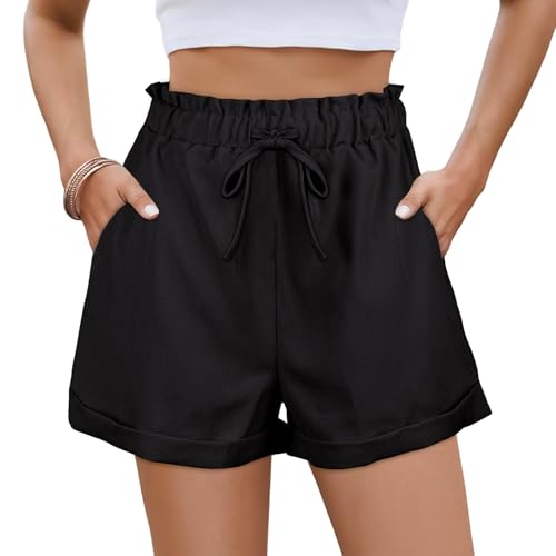 AYESY Shorts Damen Sommer, Beach Hose Cool High Waist Damen Shorts mit Taschen und Tunnelzug Mode Lässige Sportshorts Strand Meer Camping Grill Schwarz-M von AYESY