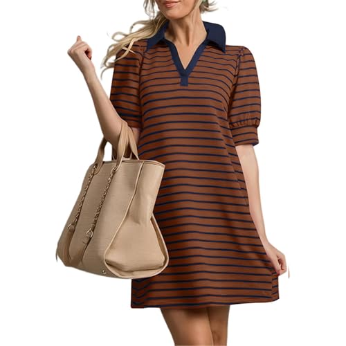 AYIYO Damen Gestreiftes Polokleid V-Ausschnitt A-Linie Puffärmel, Kaffeeblau, XXL von AYIYO