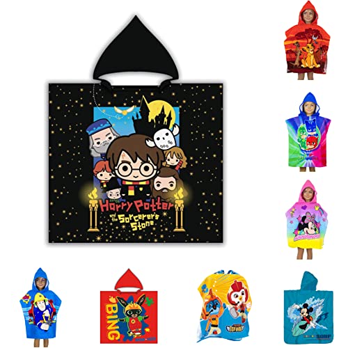 AYMAX SPRL Kinder Bade-Poncho mit Kapuze, 55x110cm, versch. Motive-König der Löwen, Harry Potter, PJ Masks, Batman, Minnie Mickey Mouse, Bing, Sam Badeponcho Handtuch Bademantel Poncho (Harry Potter) von AYMAX SPRL