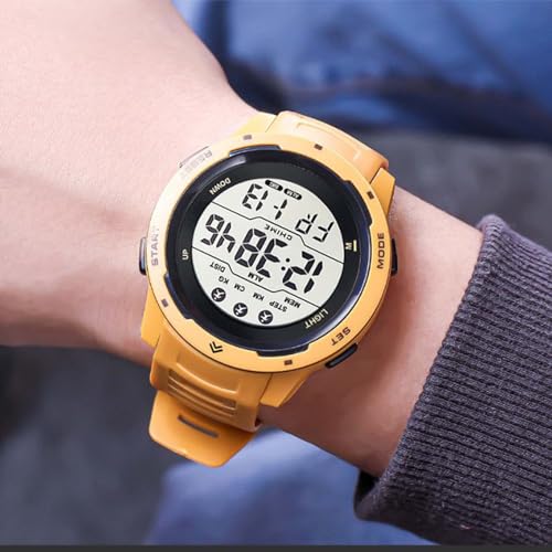 AYNEFY Herren Digital Sports Watch Expedition Running Watch mit Leuchtendem Display Alarm WR50m Wasserdicht für Sportstudenten Im Freien (Yellow) von AYNEFY