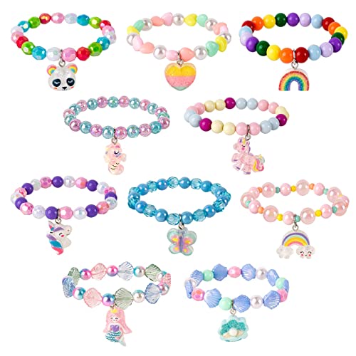 AYNKH Bunte Perlenarmbänder, Einhorn-, Meerjungfrauen-, Regenbogen-, Prinzessinnen-Anhänger, dehnbar, Freundschaftsschmuck, Armband für Kinder, Mädchen, Partyzubehör, 10 Stück, Einheitsgröße, Harz von AYNKH