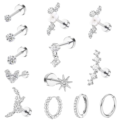 AYNKH 12 Stück Knorpel Spirale Ohrringe 16G perforierten Schmuck Ohrring Set, Silber Ohrring Set Blume Blatt Stern Herz glänzend von AYNKH