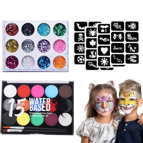 AYNKH 15-farbiges Make Up Set, 33-teiliges wasserbasiertes ungiftiges Kinder Make Up Kit mit Haarfarbe, Pinsel, Körper- & Gesichtsmalen, schnell trocknend, ideal für Halloween, Karneval, Maskenball von AYNKH