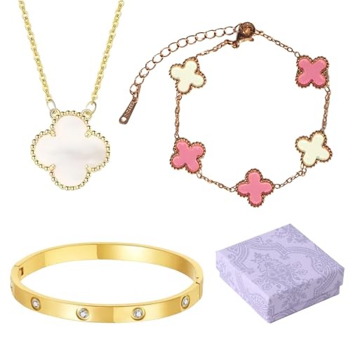 AYNKH 18k Vergoldet VierbläTtriges Kleeblatt Armband，3 PCS Schmuck Set，Armreif Gold， Armband Damen ，Kleeblatt Schmuck Jewelry，FüR Hochzeitsfeste, Geschenke FüR Frau, Mutter, Schwester von AYNKH