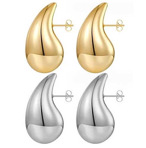 AYNKH 2 Paar (Gold und Silber) Bottega Dupes Ohrringe Gold Tropfen Vergoldete, Leichte Waterdrop Hollow Open Hoops, Waterdrop Hypoallergen Ohrringe, Modeschmuck für Damen Mädchen von AYNKH