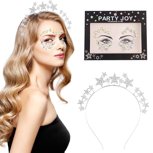 AYNKH 2 Stück Haarreif Stern Strass Silber mit Tattoo Strass Gesicht Glitzer Haarband Stern Dimensional für Abschlussball Hochzeit Karneval von AYNKH