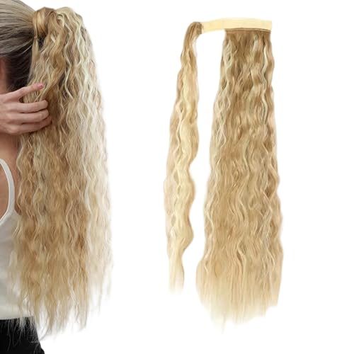 AYNKH 20Inch Wavy Ponytail Extension, Synthetisch Schwarz Braun Gold Curly Hair Extensions, Wiederverwendbares Klebeband Natürliche dicke Haarteile für Frauen Mädchen Täglich Party von AYNKH
