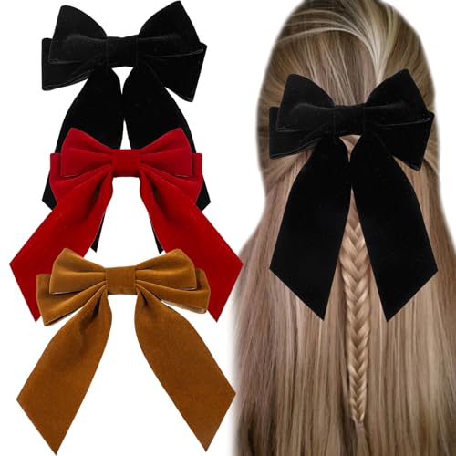 AYNKH 3 Stück einfarbige doppelte Samt-Haarspangen mit langem schwimmendem Band, französische lange Schleife, Vintage-Haarschmuck für Mädchen und Frauen, geeignet für Herbst und Winter von AYNKH