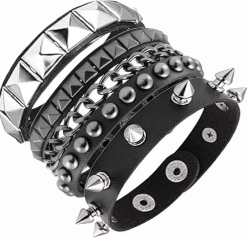 AYNKH 3PCS Punk Rock Lederarmband, Punk Emo Inlay Armband, spitzes Leder, Männer und Frauen 80er Jahre Goth Manschette Nietenarmband, verstellbare Wrap Armband Manschette, Nieten Armband,Konzert von AYNKH