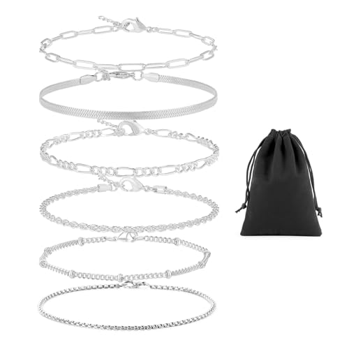 AYNKH 6 Stück Armband für Frauen plattiert Stacking Armbänder Silber Charme Edelstahl Stacking Armbänder einstellbare Seil Cuban Figaro Bead Schmuck Armreif Kette Link Set für Frauen und Mädchen AYNKH 6 Stück Armband für Frauen plattiert Stacking Armbänder Silber Charme Edelstahl Stacking Armbänder einstellbare Seil Cuban Figaro Bead Schmuck Armreif Kette Link Set für Frauen und Mädchen von AYNKH