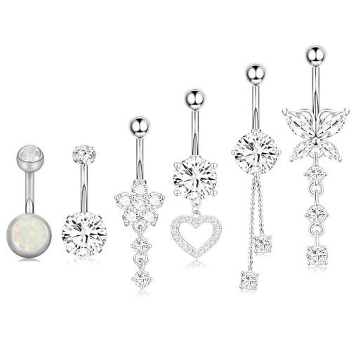 AYNKH 6 Stücke Bauchknopf Bars Piercing Ring, Edelstahl Nabel Bars Dangly Bauchring Schmuck Blume Schmetterling Herz von AYNKH