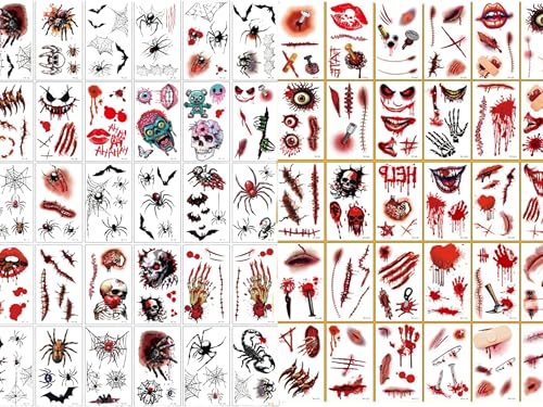AYNKH 60PCS Halloween Gesicht Tattoos, große Größe wasserdichte temporäre Tattoos Aufkleber mit 3D realistische Spinnen & blutige Narben Motive, Fledermaus Designs für Halloween Kostüm Make-up von AYNKH
