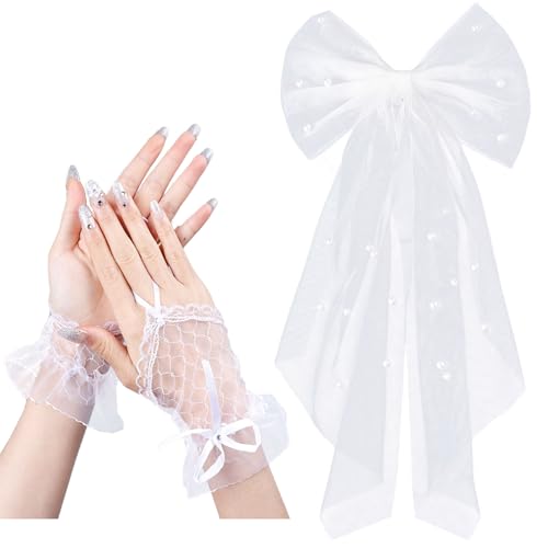 AYNKH Brautschleier Haarspangen Schleife mit Handschuhen Perle Hauteur Haarschmuck Hochzeit Weiß Tüll Kurz Brautschleier Haarschleier Haarschleier für Hochzeit Junggesellinnenabschied Dekorationen von AYNKH