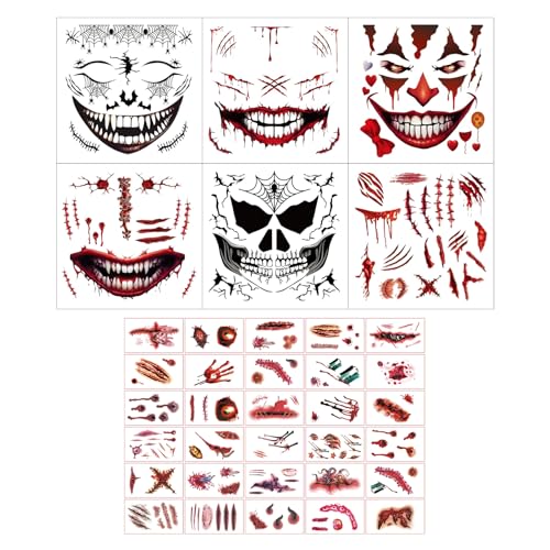AYNKH Halloween Scary Temporary Tattoos, 6 Blatt Horror Full Face mit 30 Blättern Body Tattoo, Make-up-Aufkleber-Kits für Erwachsene Kinder, Spinne Spinnennetz Gesichtstattoos Aufkleber von AYNKH