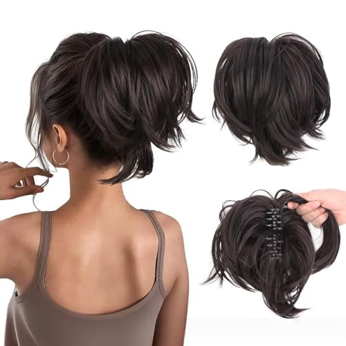 AYNKH Pferdeschwanz-Perücke, gerade Brötchen flauschige kurze Haare Perücke, natürliche synthetische gefälschte Pferdeschwanz Damen kurze Haare, schokoladenbraun von AYNKH