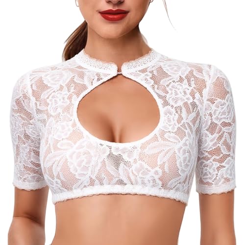 AYNKH Traditionelle Dirndlbluse Spitze Für Damen, Weiß Bierbekleidung Trachtenbluse Kurzärmelige Dirndl Bluse Trachtenweste Für Bayerisches Oktoberfest von AYNKH