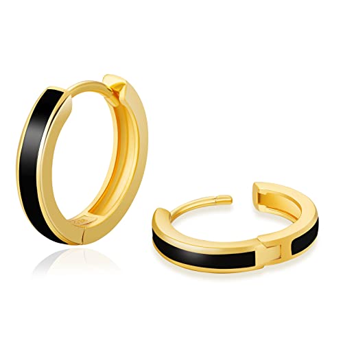 KRKC&CO Silber Hoop Ohrringe, Schwarz/14K Gold Vergoldet S925 Sterling Silber Kreolen, Nickel-frei 15mm Creolen für Herren Männer(Linie-14K Gold Vergoldet) von AYOUYA