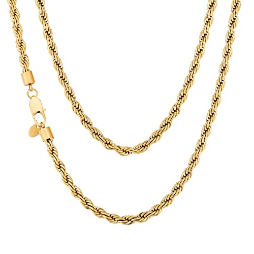 KRKC&CO 3mm/4mm/6mm Herren Halskette, Rope Chain 18K Gold Vergoldet/Silber Farbe Edelstahl Kordelkette, Hip-Hop Kette, Nickelfrei Necklace für Männer Herren Länge 45-66cm (6mm-Golden, 45.70) von AYOUYA