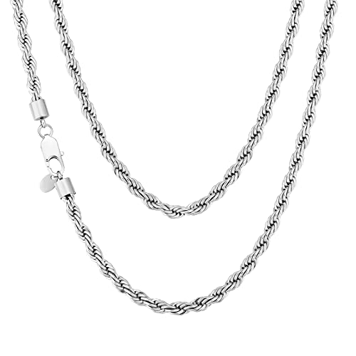 KRKC&CO 3mm/4mm/6mm Herren Halskette, Rope Chain 18K Gold Vergoldet/Silber Farbe Edelstahl Kordelkette, Hip-Hop Kette, Nickelfrei Necklace für Männer Herren Länge 45-66cm (6mm-Silbrig, 45.70) von AYOUYA