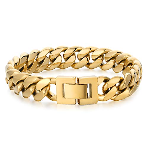 KRKC&CO 8/12mm Cuban Link Armband, Panzerkette Edelstahl Armband 18K Gold Vergoldet, Hip Hop Gliederarmband Nickelfrei für Männer Herren Damen Jungen(12mm-18K Gold, 17,8cm) von AYOUYA