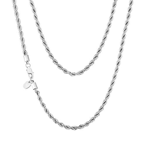 KRKC&CO 3mm/4mm/6mm Herren Halskette, Rope Chain 18K Gold Vergoldet/Silber Farbe Edelstahl Kordelkette, Hip-Hop Kette, Nickelfrei Necklace für Männer Herren Länge 45-66cm (4mm-Silbrig, 50.80) von AYOUYA