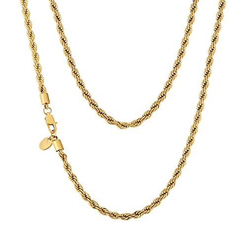 KRKC&CO 3mm/4mm/6mm Herren Halskette, Rope Chain 18K Gold Vergoldet/Silber Farbe Edelstahl Kordelkette, Hip-Hop Kette, Nickelfrei Necklace für Männer Herren Länge 45-66cm (4mm-Golden, 45.70) von AYOUYA