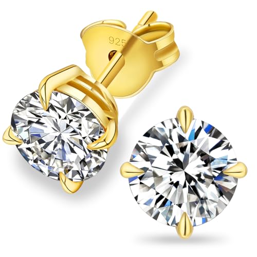 KRKC&CO Moissanite Damen Ohrstecker, 925 Silber Diamant Ohrringe VVS1 Reinheit D Farbe, Nickelfrei Rund Ohr Schmuck für Frau(4mm | 0,3ct Einzel | 0,6 ctw, 4-Krappen 14K Gold Vergoldet) von AYOUYA