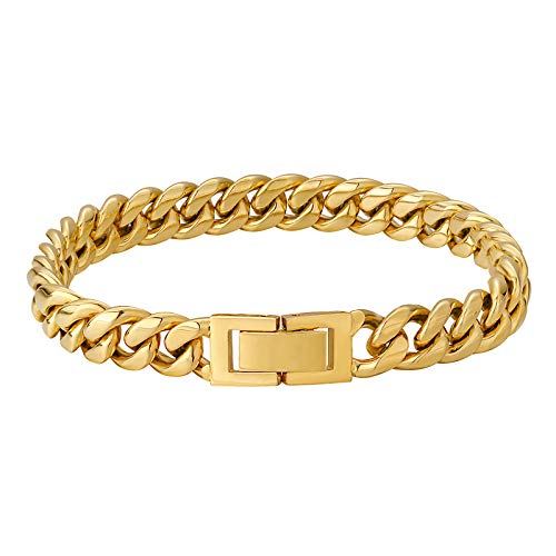 KRKC&CO 8/12mm Cuban Link Armband, Panzerkette Edelstahl Armband 18K Gold Vergoldet, Hip Hop Gliederarmband Nickelfrei für Männer Herren Damen Jungen(8mm-18K Gold, 21,6cm) von AYOUYA