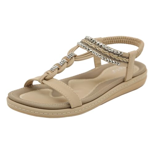 AYOrpeg Damen Sandalen Freizeit Flach Sandalette mit Strass Perlen Bohemia Strand Schuhe Lässige Bequemen Slip-On-Sandalen(Khaki,39 AYOrpeg Damen Sandalen Freizeit Flach Sandalette mit Strass Perlen Bohemia Strand Schuhe Lässige Bequemen Slip-On-Sandalen(Khaki,39 von AYOrpeg