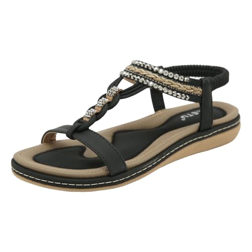 AYOrpeg Damen Sandalen Freizeit Flach Sandalette mit Strass Perlen Bohemia Strand Schuhe Lässige Bequemen Slip-On-Sandalen（Schwarz,38 von AYOrpeg