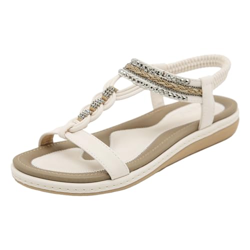 AYOrpeg Damen Sandalen Freizeit Flach Sandalette mit Strass Perlen Bohemia Strand Schuhe Lässige Bequemen Slip-On-Sandalen(Weiß,36 AYOrpeg Damen Sandalen Freizeit Flach Sandalette mit Strass Perlen Bohemia Strand Schuhe Lässige Bequemen Slip-On-Sandalen(Weiß,36 von AYOrpeg