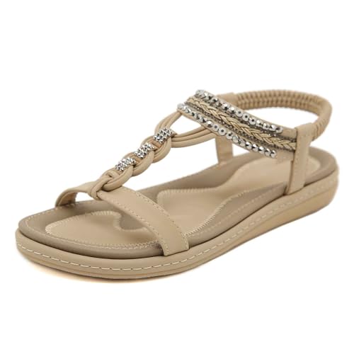 AYOrpeg Flache Sandalen Damen Offene Schuhe Schicke Bequem Sommerschuhe Sandaletten mit Elastischen Riemen Outdoor Sport Sandals für Freizeit Alltag（Beige,38 von AYOrpeg