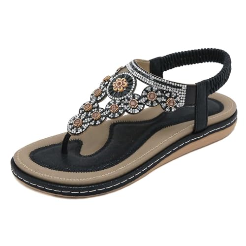 AYOrpeg Sandalen Damen Elegant Boho Flache Sandalen mit T-Riemen Sommerschuhe Flip Flops Weichen Sohlen Bequem Sandaletten Freizeit Gummiband Slingback Strandsandalen（Schwarz,42 von AYOrpeg