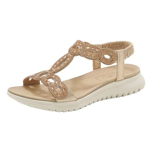 AYOrpeg Sandalen Damen Flache Sandalette Bohemia Sandals mit Strass Freizeit Damen leichte Strand Schuhe Lässige Sandalen（Gold,37 von AYOrpeg