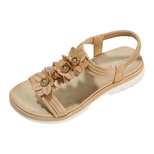 AYOrpeg Sandalen Damen Freizeit Flach Sandalette Bohemia Strand Schuhe mit Elastic Band Elegant Bequem Boho Sommerschuhe（Khaki,37 von AYOrpeg