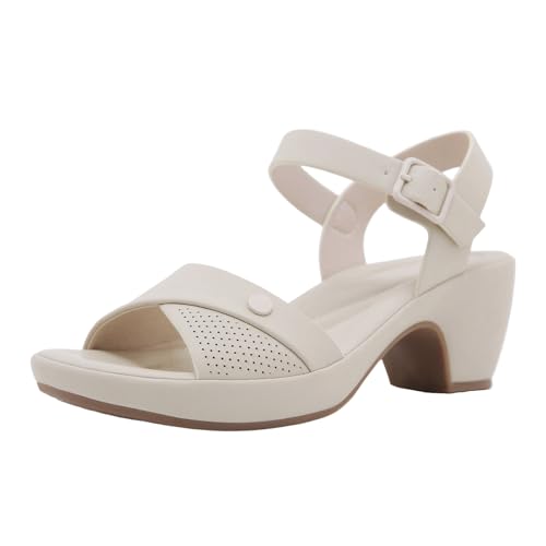 AYOrpeg Sandaletten Damen Blockabsatz Sandalen Riemchensandalen Offene Bequeme Zehen Damen Sandalen mit Absatz Plateausohle Verstellbarer Riemen（Beige,35 von AYOrpeg