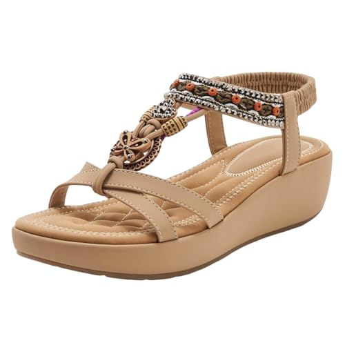 AYOrpeg Sommerschuhe Damen Bequem Sandalen Flache Sandalette Bohemia Sandals Freizeit Damen Strand Schuhe Sandalen mit Fußgewölbeunterstützung（Beige,34.5 von AYOrpeg